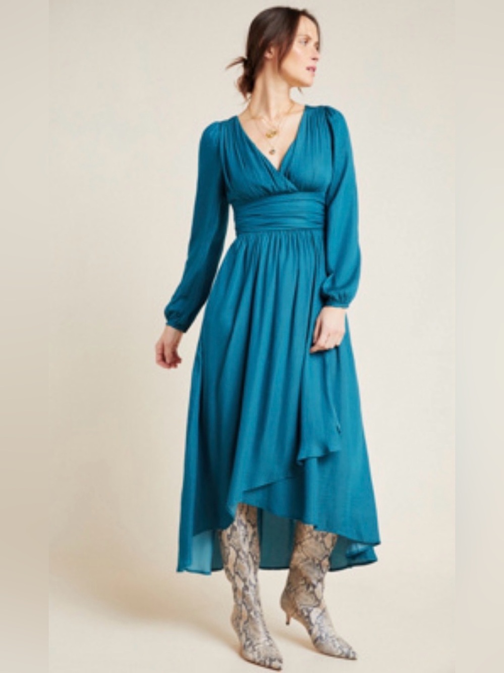 Anthropologie Teal Long Sleeve V-Neck, Flowy Wrap Dress